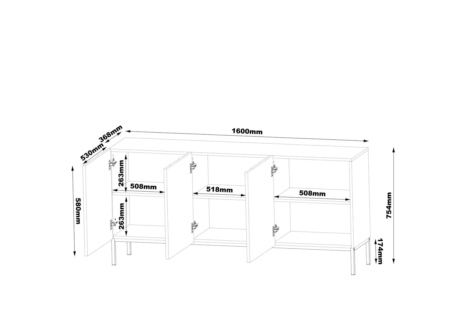 Komoda GALA 160 cm czarny mat czarny połysk z 3 drzwiczkami na złotych nóżkach do salonu nr. 6