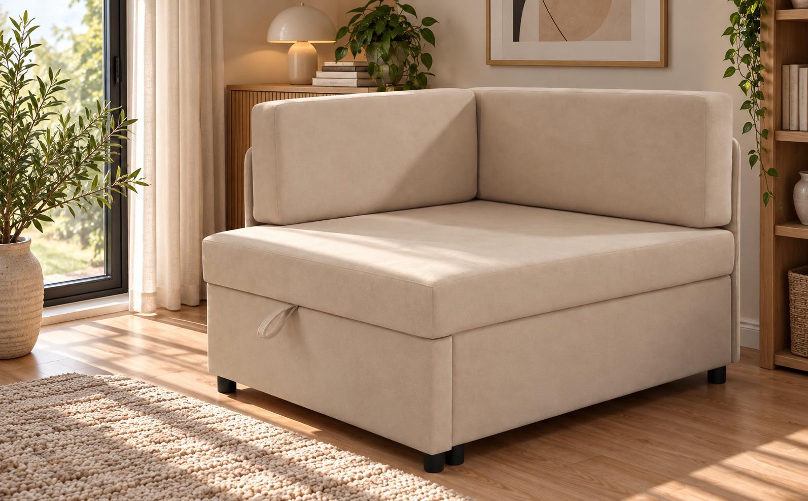 Sofa Viluś 106x75x80 cm beżowy rozkładana sofa narożna jednoosobowa z funkcją spania i pojemnikiem na pościel