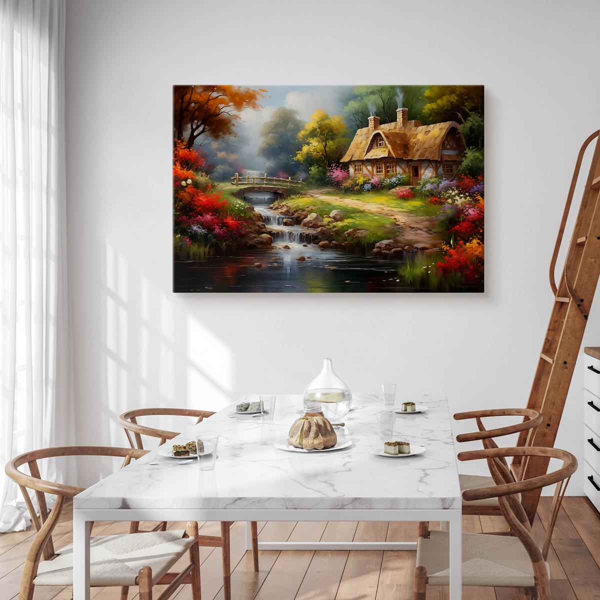 Obraz Na Płótnie Krajobraz Strumyk Domek Na Wsi 100x70 Natura Las nr. 4