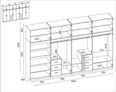 Szafa otwierana 380x57x240 cm do sypialni przedpokoju biel z 2 lustrami - Miniaturka zdjęcia nr 4