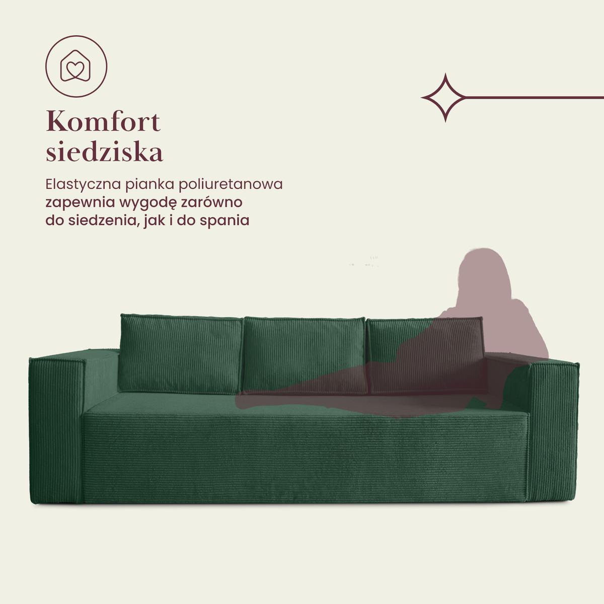 Kanapa rozkładana Verona 248x52x93 cm wersalka z funkcją spania i pojemnikiem sprężyny bonell sztruks butelkowa zieleń do salonu nr. 5