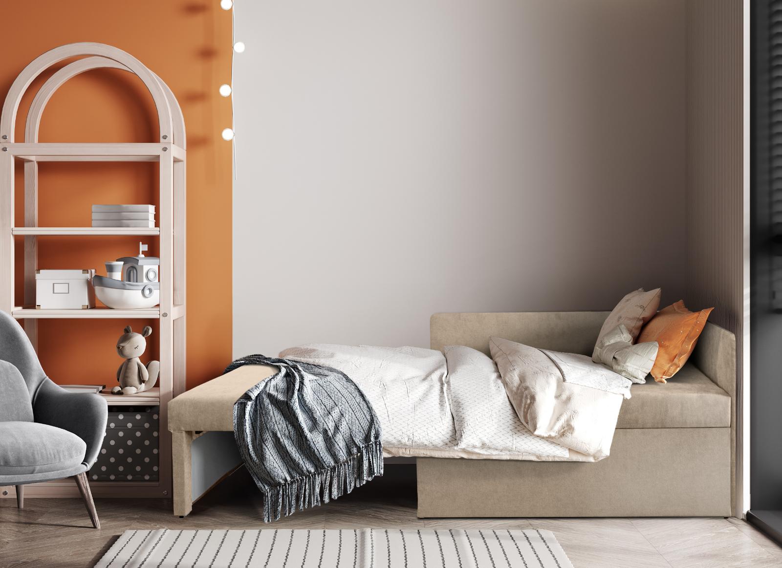 Łóżko dziecięce Viluś 108x81x78 cm sofa narożnik jednoosobowy do pokoju z funkcją spania i przechowywania dla dzieci beżowy nr. 20