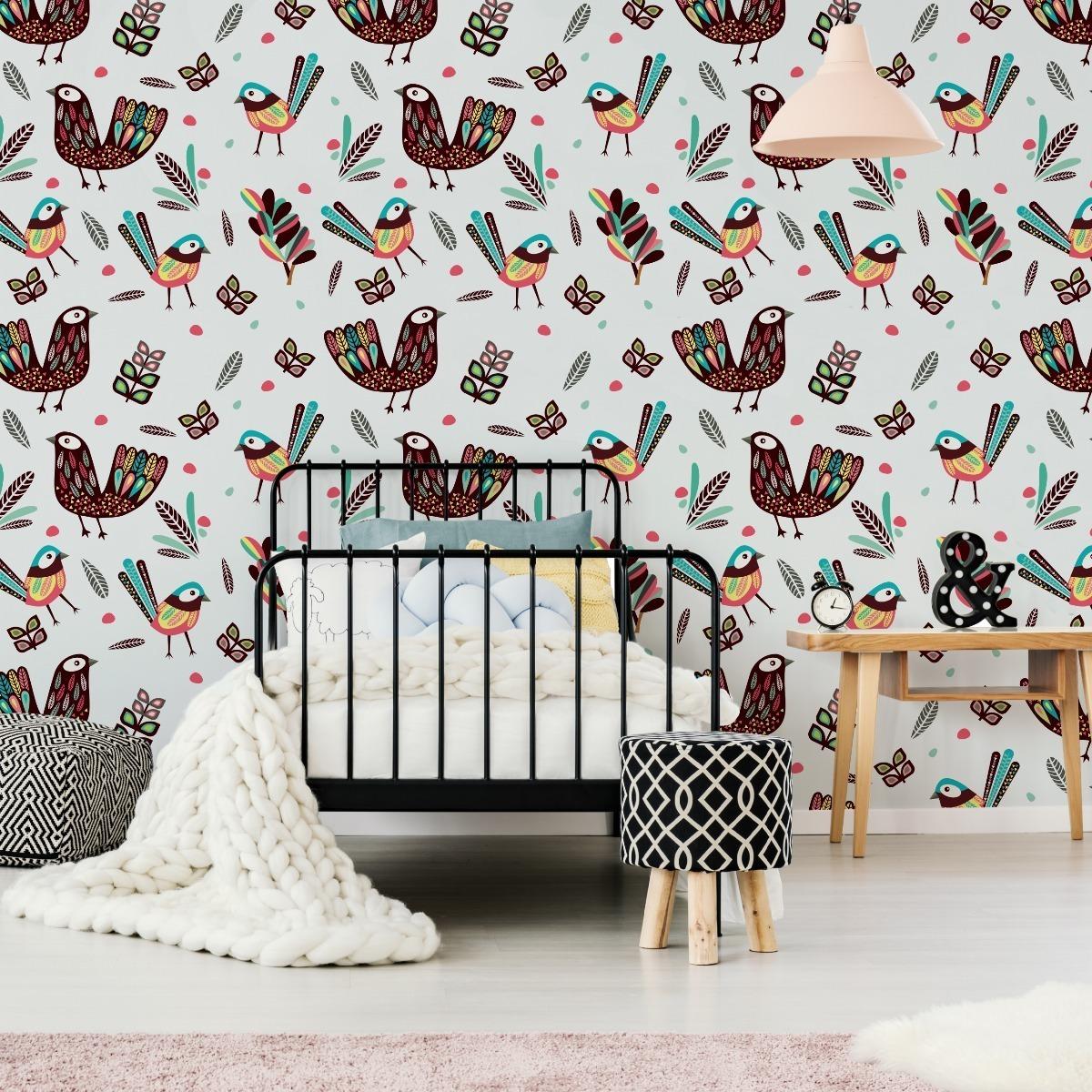 Tapeta Do Pokoju Dziecka Kolorowe PTAKI Pióra Boho  nr. 5