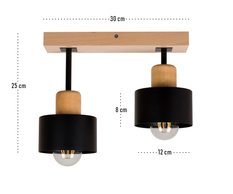 Lampa sufitowa 30x12x25 cm dwupunktowy spot z drewna i metalu gwint E27 czarna do salonu - Miniaturka zdjęcia nr 3