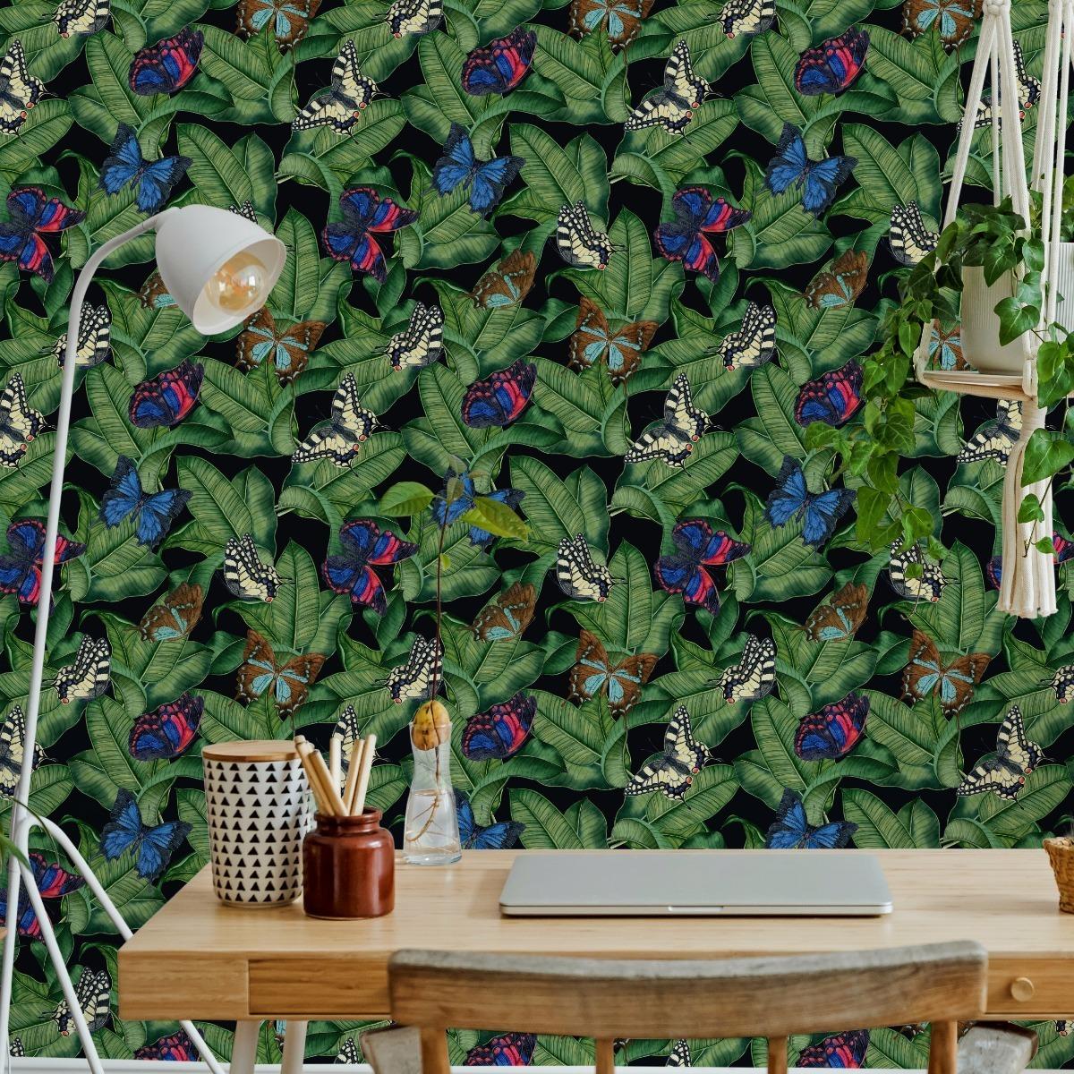 Tapeta, Kolorowe motyle, Liście Bananowca, Dekoracja Nowoczesna nr. 3