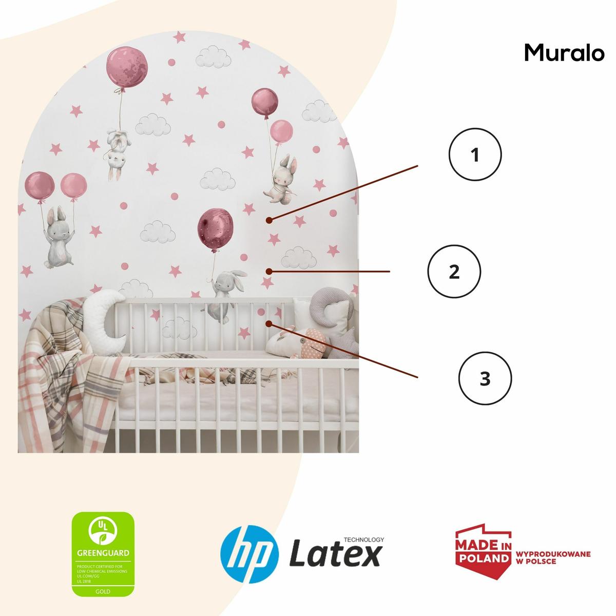 Naklejki Ścienne Dla Dzieci Króliczki Różowe 60x30 Balony Chmurki ZESTAW nr. 3