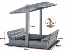 Piaskownica impregnowana 120x120x120 cm drewniana zamykana z ławkami do ogrodu dla szara z niebieskim daszkiem - Miniaturka zdjęcia nr 4