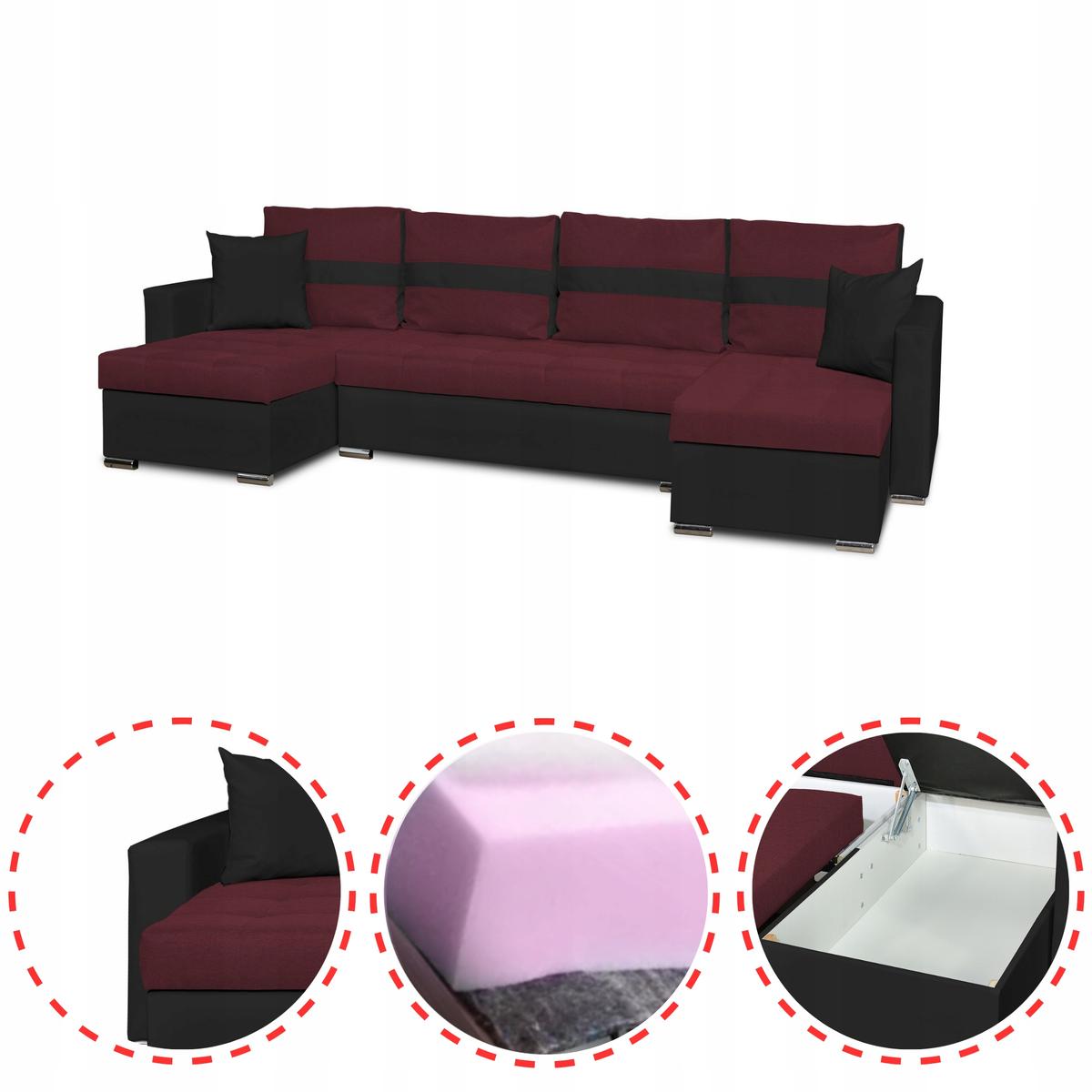 Narożnik Figo BIG 296x74x140 cm kształt U z funkcją spania i przechowywania do salonu Twist czarno bordowy nr. 2