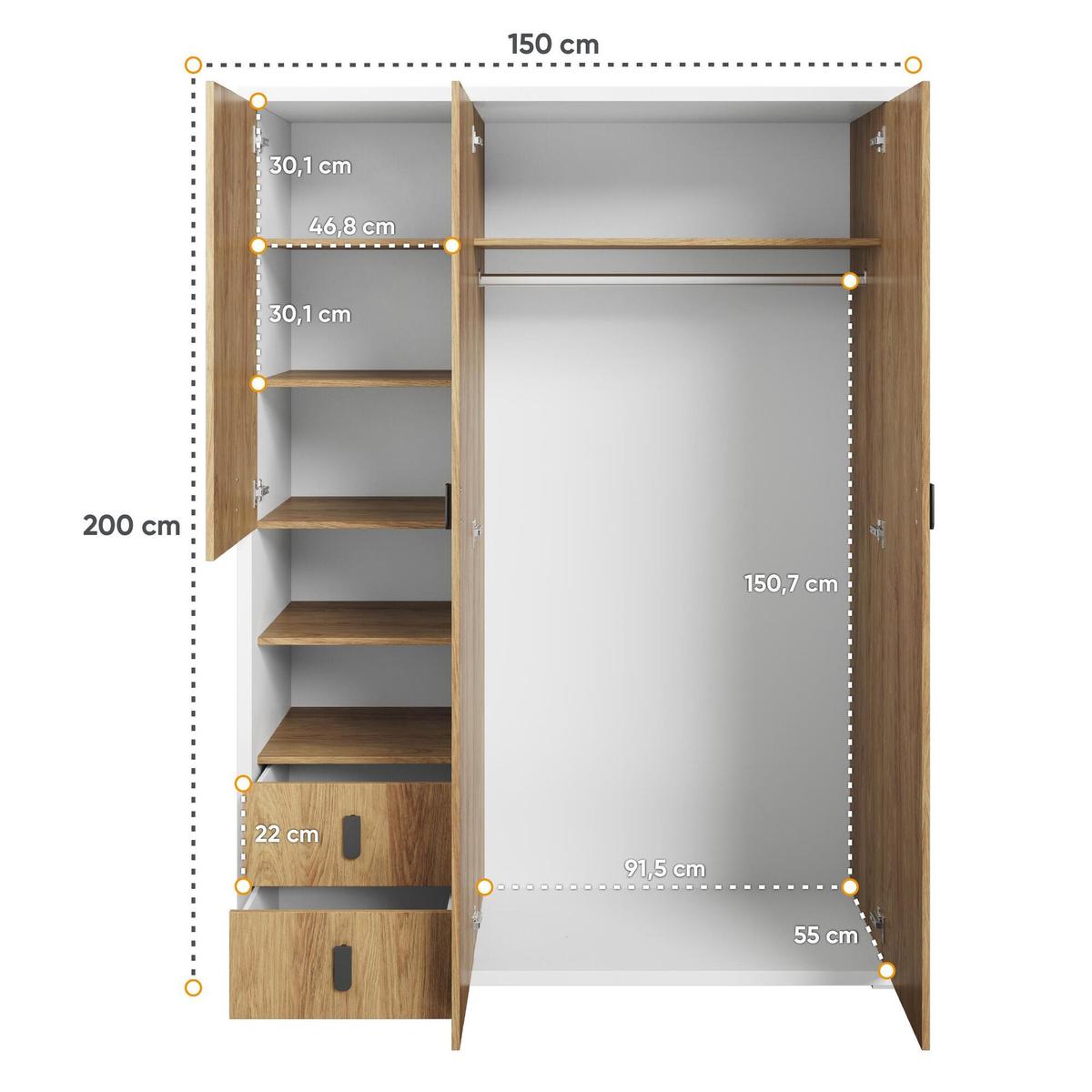 Szafa Simi 150 cm otwierana do sypialni przedpokoju garderoby biały hikora naturalna nr. 3