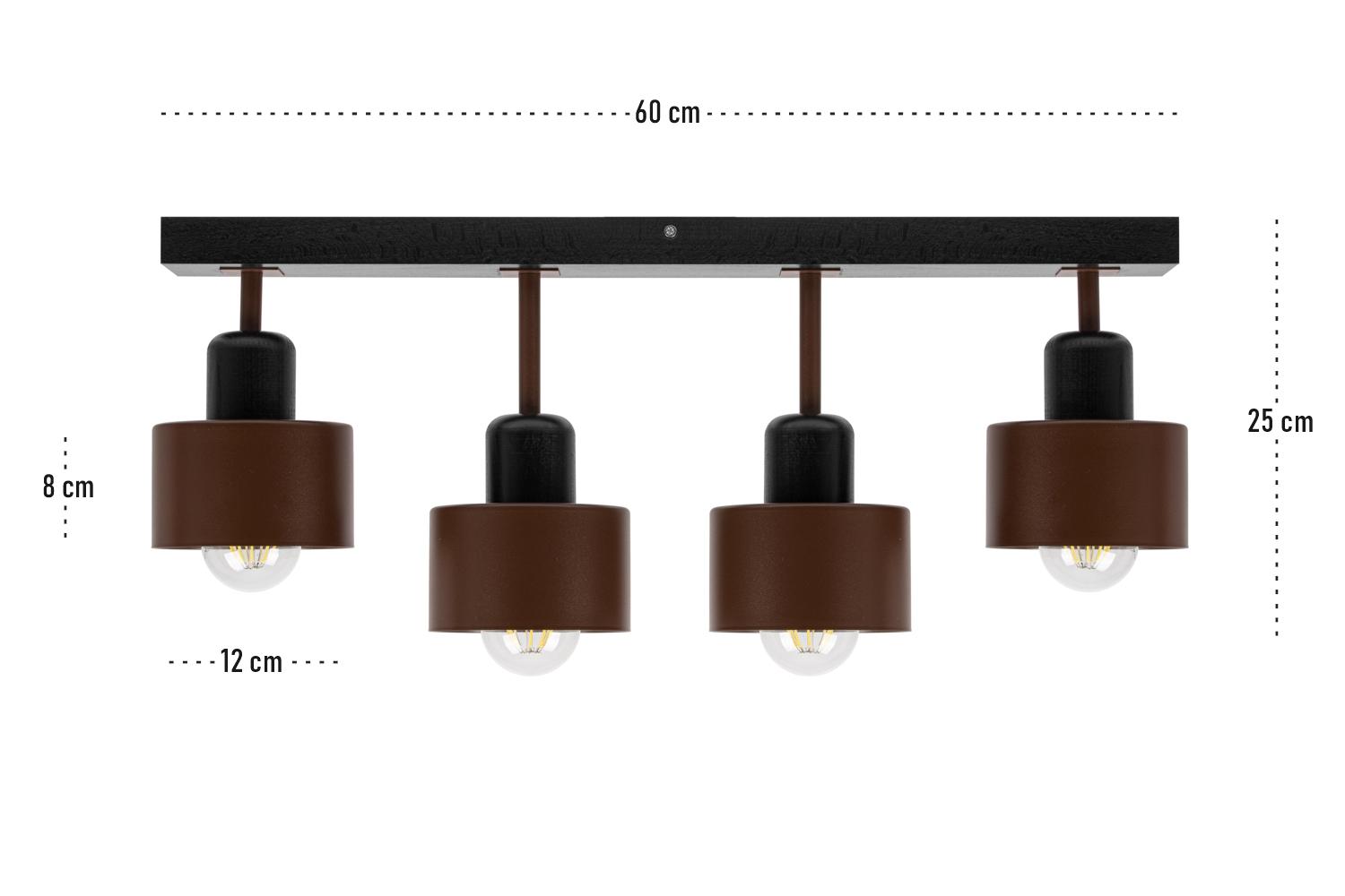 Lampa sufitowa 12x60x25 cm czteropunktowy spot z drewna i metalu gwint E27 brązowo-czarna do salonu nr. 3