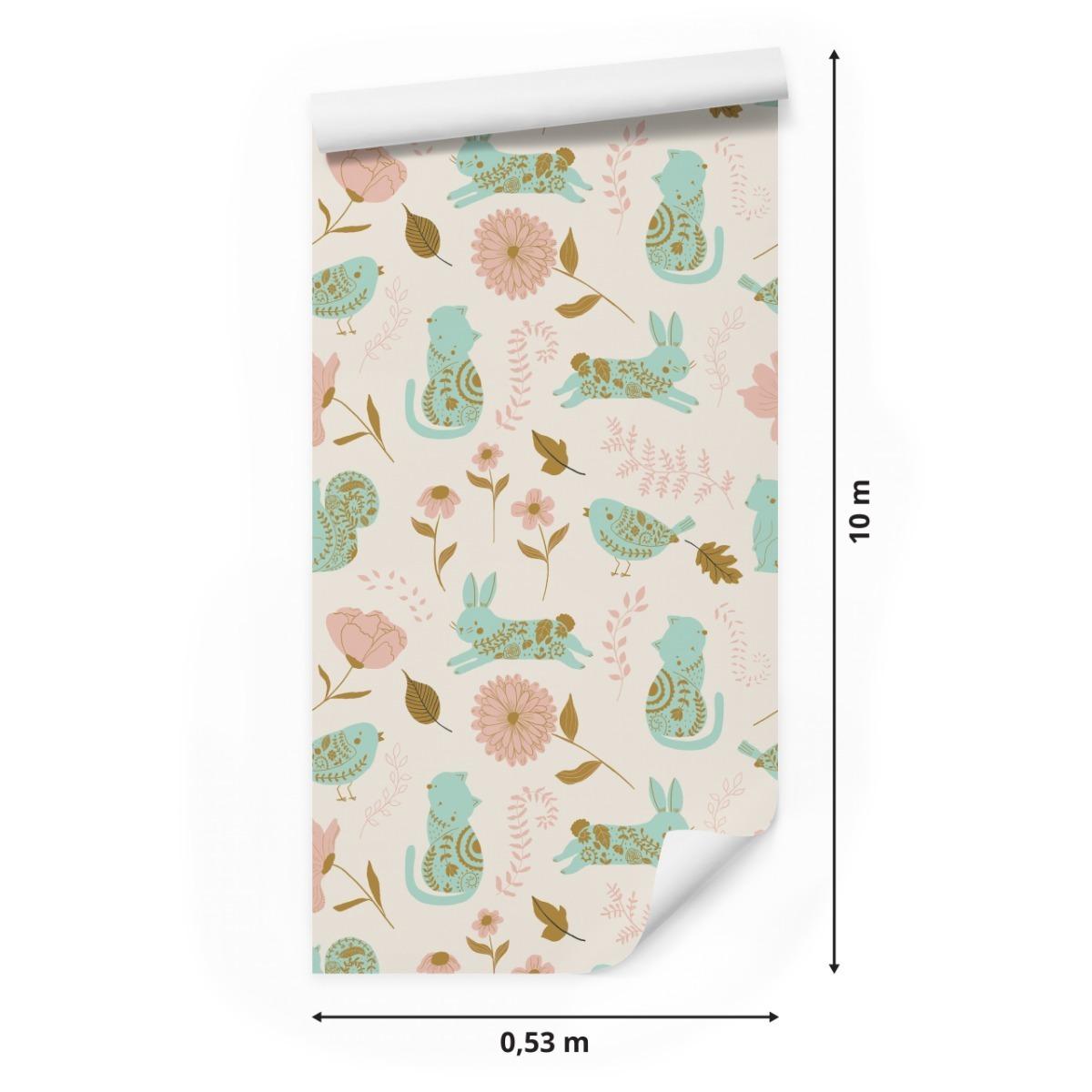 Tapeta W Rolce Pastelowe ZWIERZĄTKA Kotki Kwiaty 53x1000 nr. 2