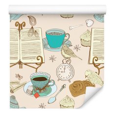 Tapeta herbata ptaki książki zegarek do jadalni  - Miniaturka zdjęcia nr 6