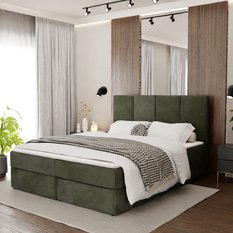 Łóżko kontynentalne 160x200x113 cm tapicerowane podwójne z materacem khaki - Miniaturka zdjęcia nr 1