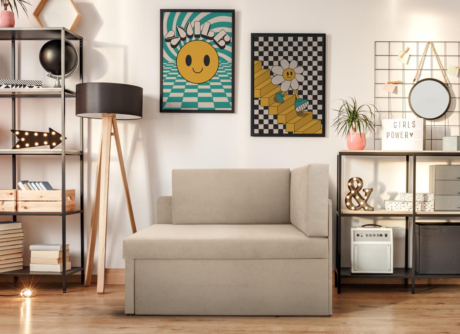 Narożnik Viluś 108x81x78 cm sofa jednoosobowa do pokoju salonu z funkcją spania i przechowywania dla dzieci beżowy