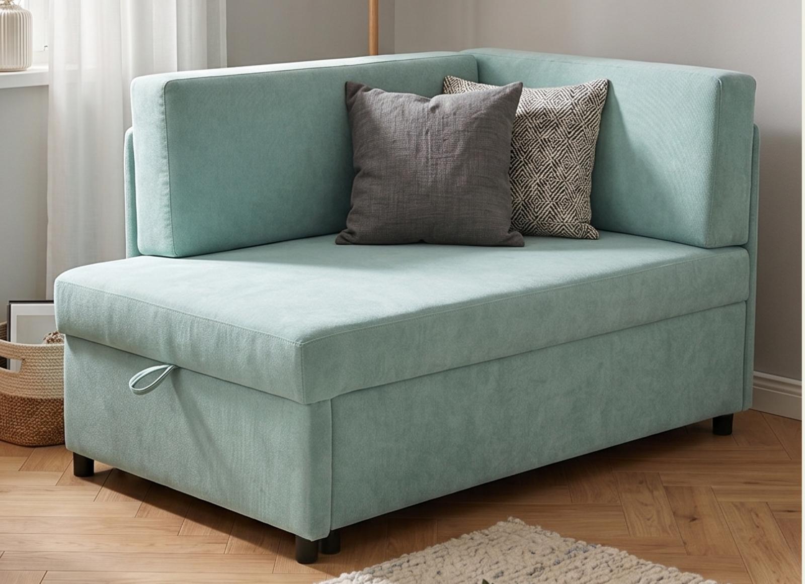 Sofa rozkładana dziecięca Viluś 106x75x80 cm narożnik jednoosobowy do pokoju z funkcją spania i przechowywania dla dzieci miętowy