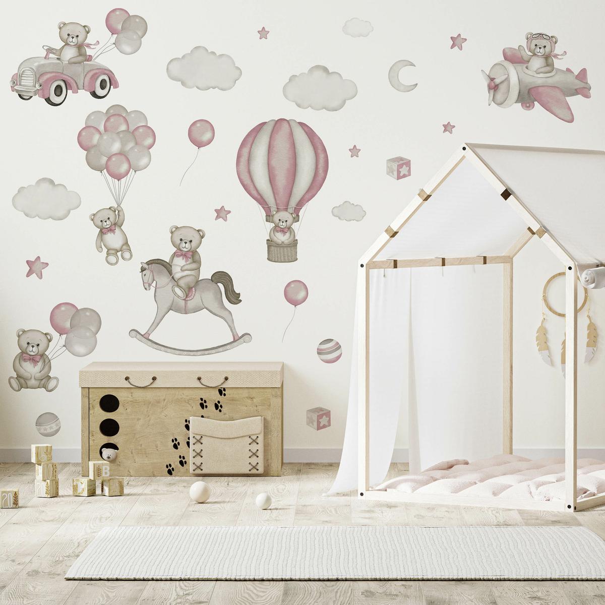 Naklejki Na Ścianę Misie Różowe Balony 120x60  Koń Na Biegunach Chmury Zestaw  nr. 3