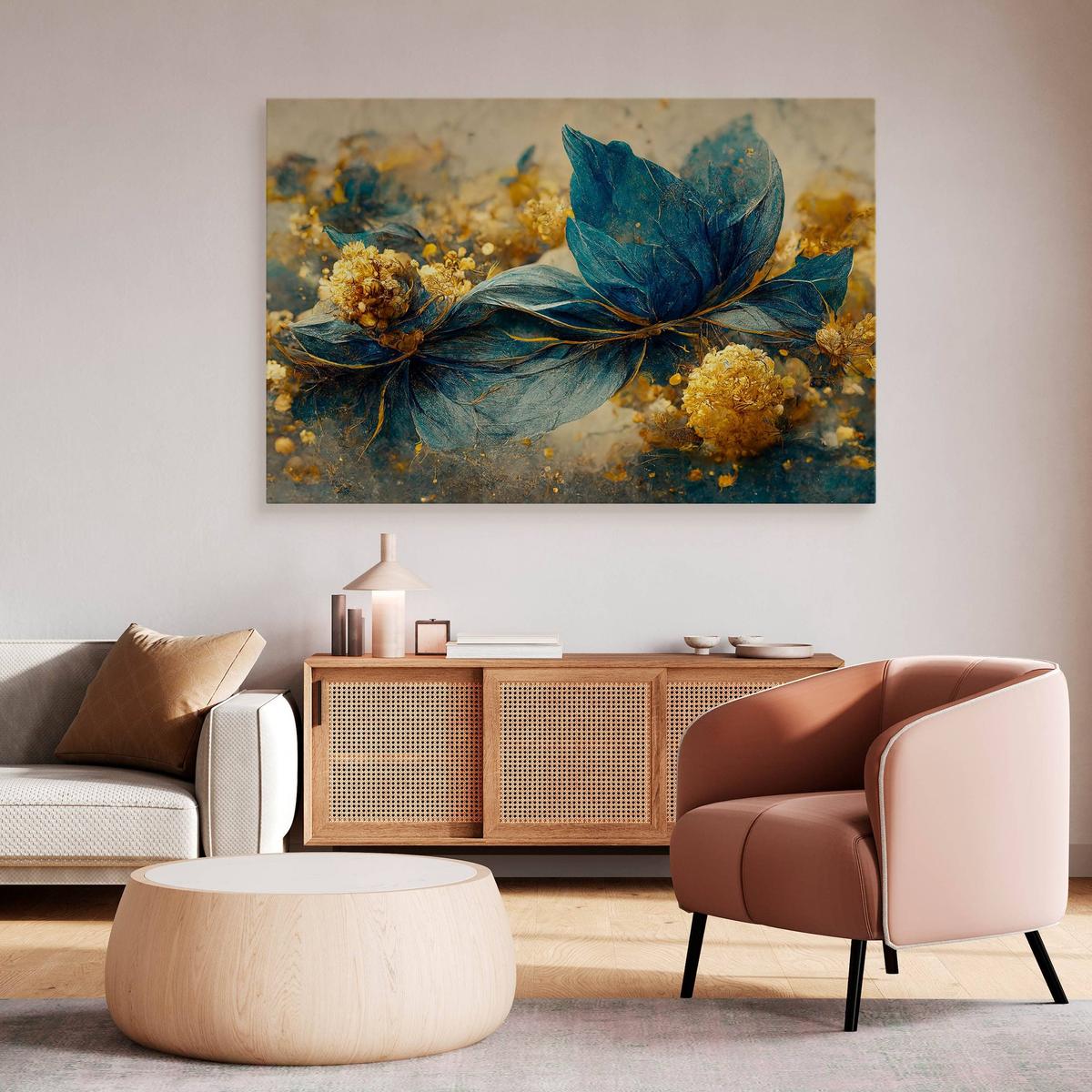 Obraz Na Płótnie Niebiesko-Złote Delikatne Kwiaty 120x80 Do Sypialni  nr. 6