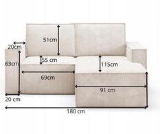 Narożnik PORTO II 180x151x93 cm sztruks kremowy do salonu - Miniaturka zdjęcia nr 12