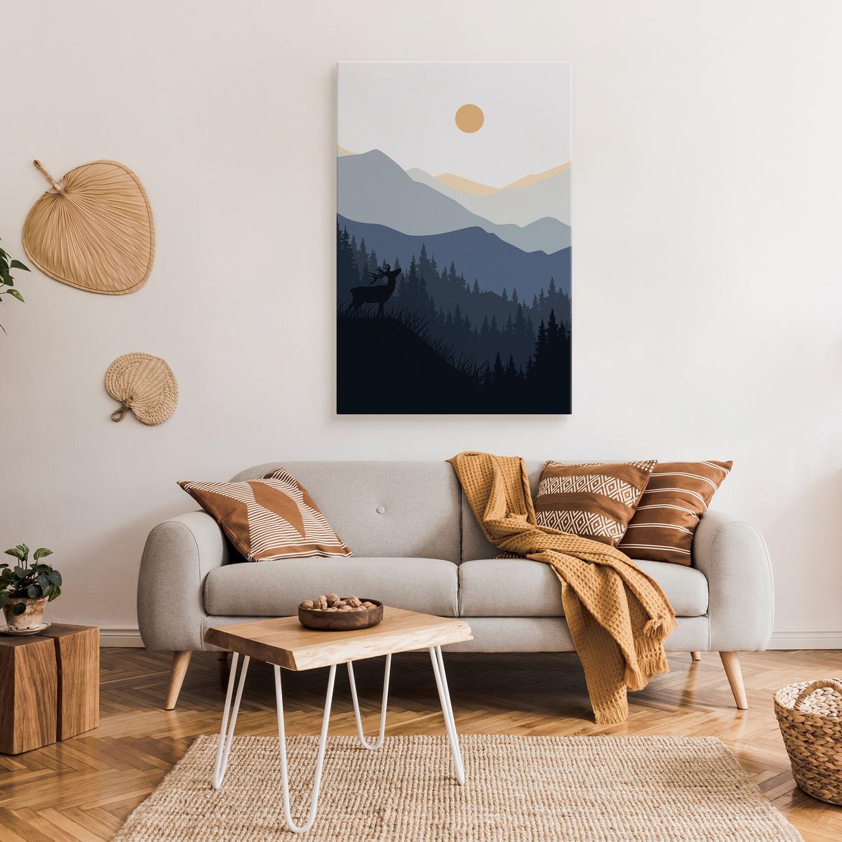 Obraz Na Płótnie Pejzaż Góry Jeleń Wschód Słońca Natura Styl Boho 80x120cm nr. 3