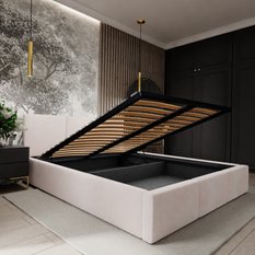 Łóżko tapicerowane do sypialni 180x200x120 cm podwójne z pojemnikiem modne kremowe - Miniaturka zdjęcia nr 10