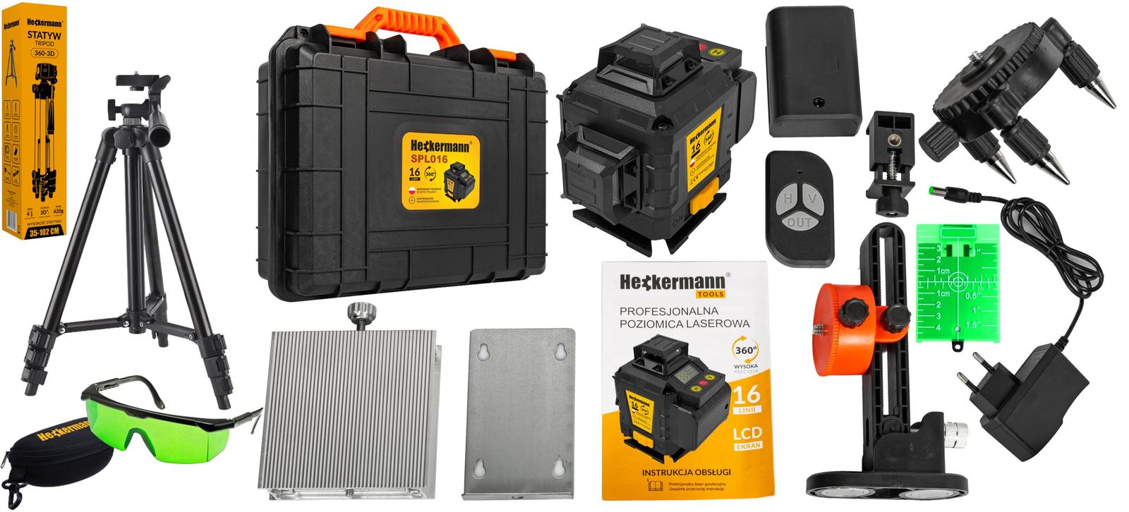 Zestaw: Poziomica laserowa Heckermann 16 linii SPL016 + Tripod + Tarcza + Okulary nr. 2