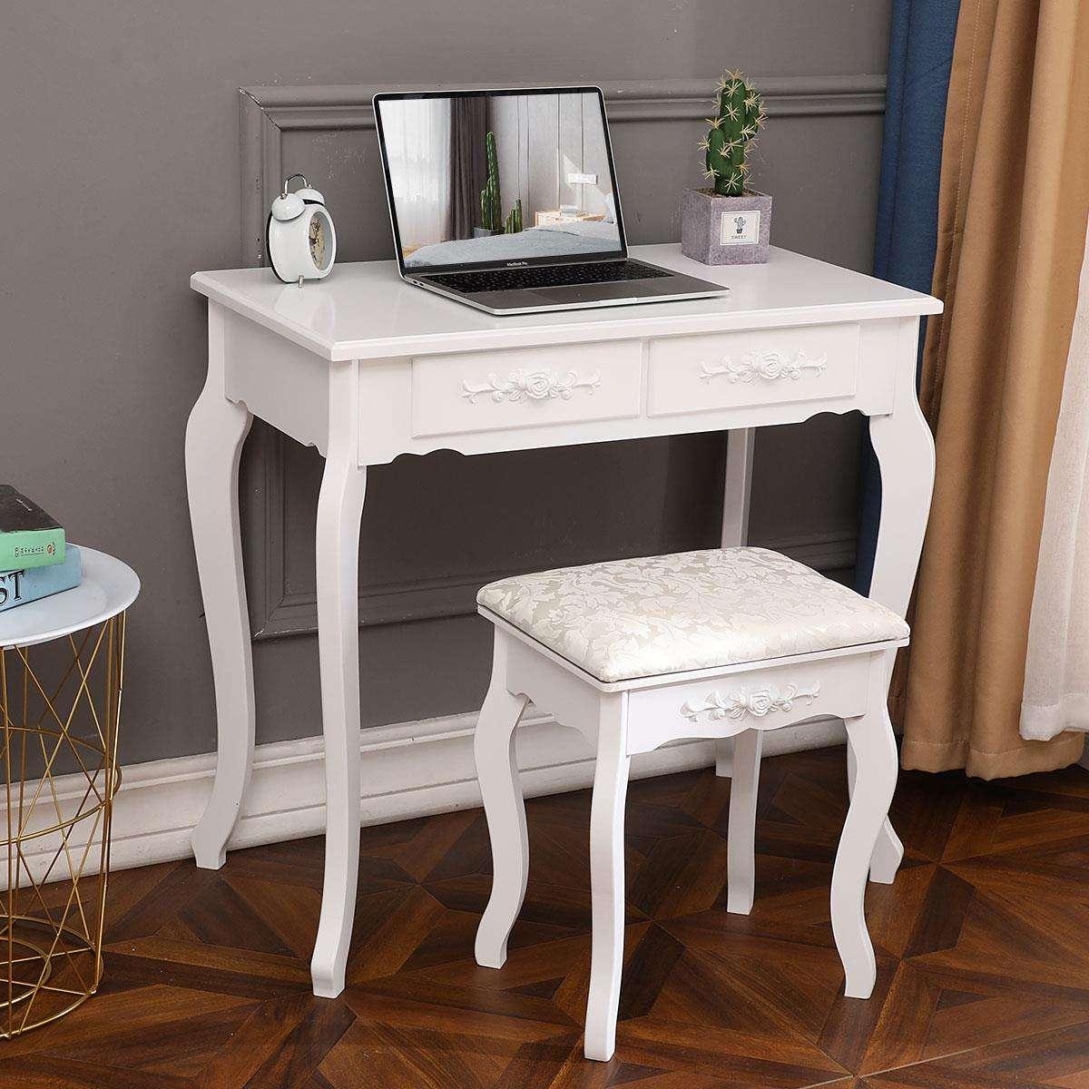Toaletka kosmetyczna z lustrem biała TL01 + taboret kwiaty nr. 7