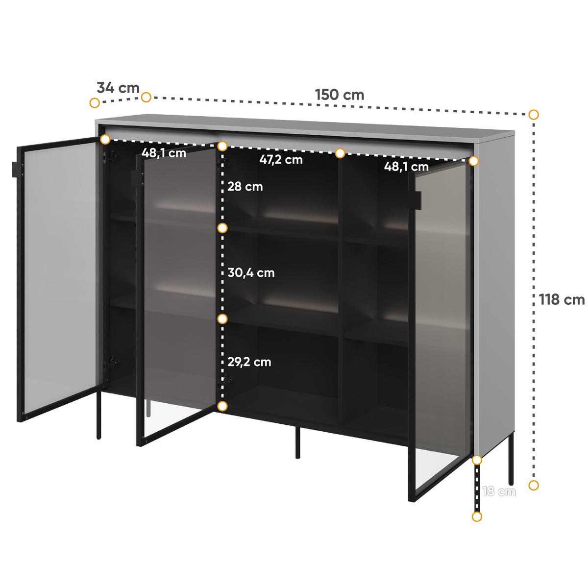 Witryna 150x34x118 cm 3w Trend z półkami szary i czarny do salonu nr. 4