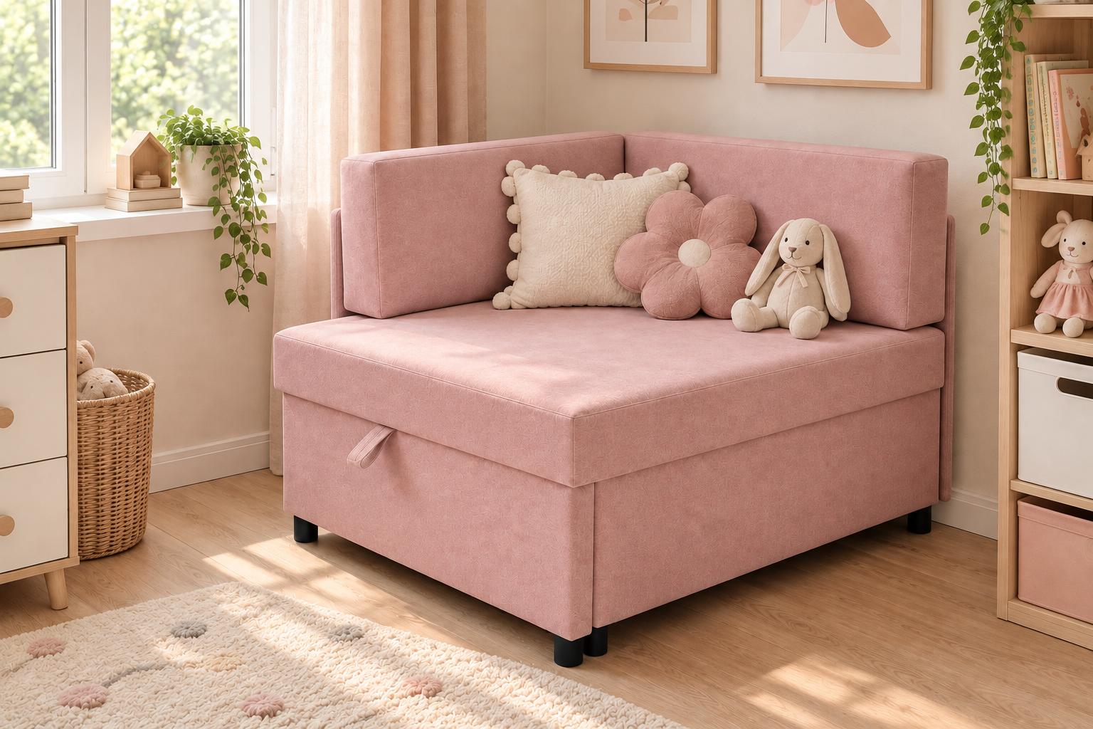 Sofa Viluś 106x75x80 cm różowa rozkładana sofa narożna jednoosobowa z funkcją spania i pojemnikiem na pościel