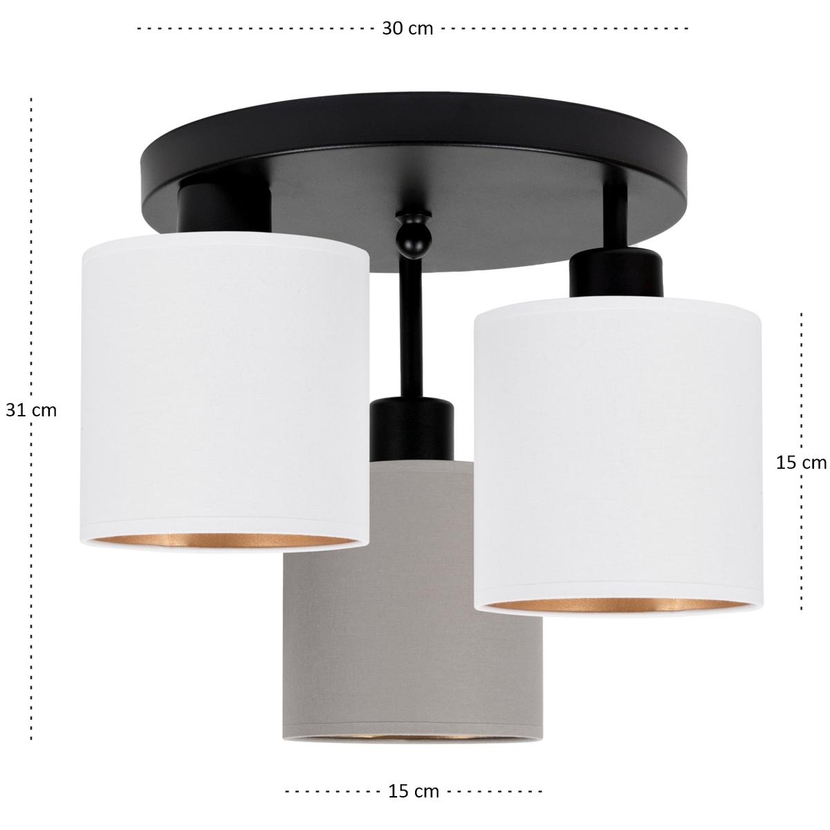 Lampa sufitowa 30x30x31 cm trzypunktowa z abażurami gwint E27 czarna z szaro-białymi abażurami do salonu nr. 4