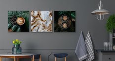 Obrazy Do Kuchni KAWA Filiżanki Latte Ziarna Liście TRYPTYK 180x60cm - Miniaturka zdjęcia nr 5