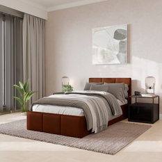 Łóżko Pojedyncze 90x200cm łóżko tapicerowane z pojemnikiem miodowe do sypialni wezgłowie 88 cm - Miniaturka zdjęcia nr 1