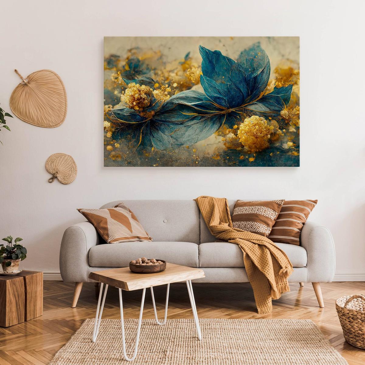 Obraz Na Płótnie Niebiesko-Złote Delikatne Kwiaty 40x30 Do Sypialni  nr. 3