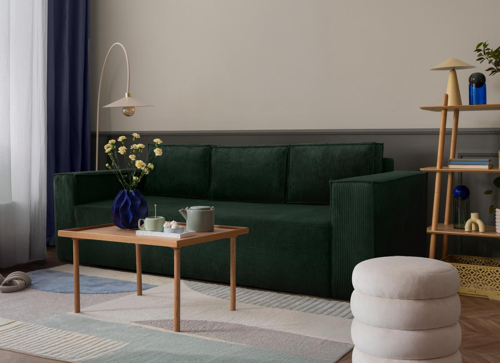 Kanapa Verona 248x96x93 cm z funkcją spania i pojemnikiem sprężyny bonell sztruks butelkowa zieleń do salonu