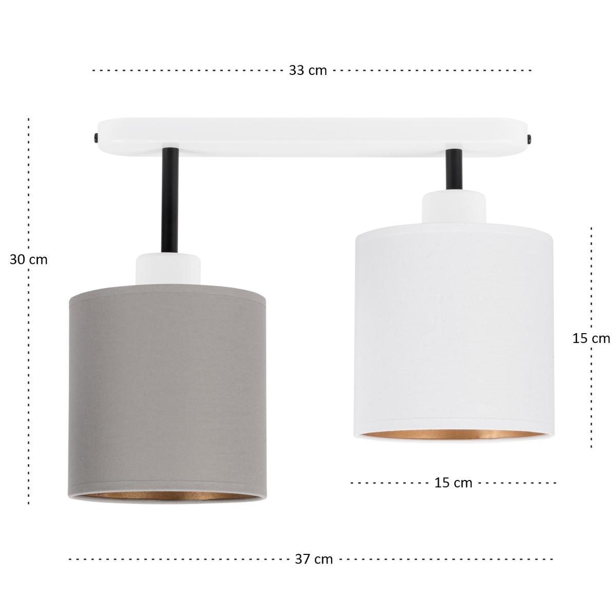 Lampa sufitowa 37 x 15 x 30 cm dwupunktowy spot gwint E27 biała z szaro-białymi abażurami do salonu nr. 4