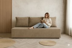 Kanapa 3 osobowa VOXI beżowa 188x85x90 cm velvet royal z funkcją spania i pojemnikiem na pościel bez boków, wygodna sofa z materacem T30 obrazek