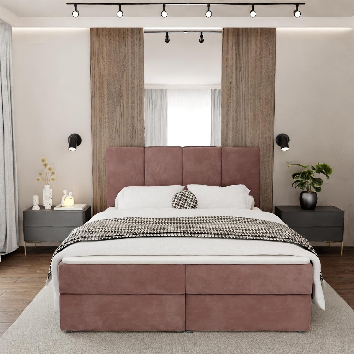 Łóżko kontynentalne 180x200x113 cm tapicerowane podwójne z materacem brudny róż  nr. 2