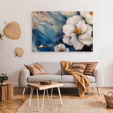 Obraz Na Płótnie Białe Kwiaty Na Niebieskim Marmurze 90x60 Abstrakcja do Salonu - Miniaturka zdjęcia nr 3