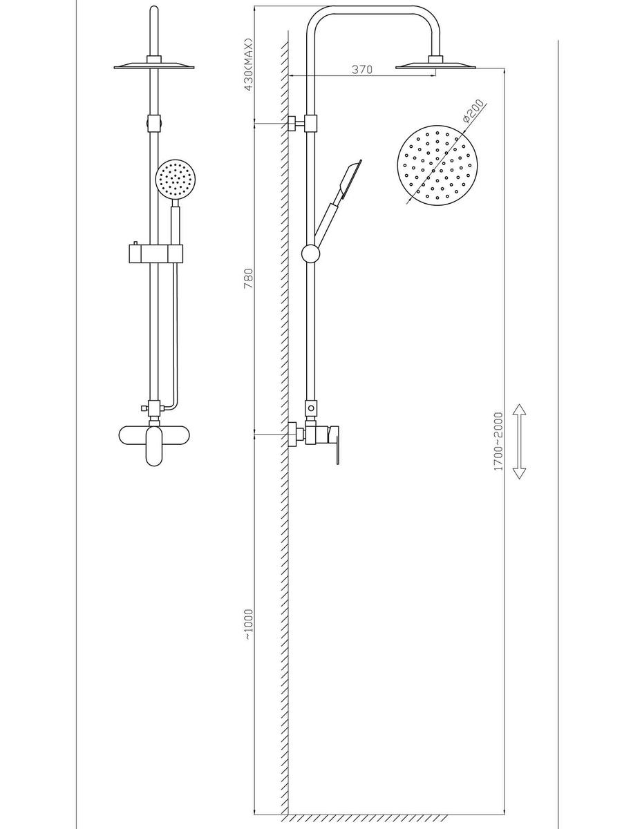 Deszczownica prysznic 1,5m chrom 170-200 śr 20cm nr. 16