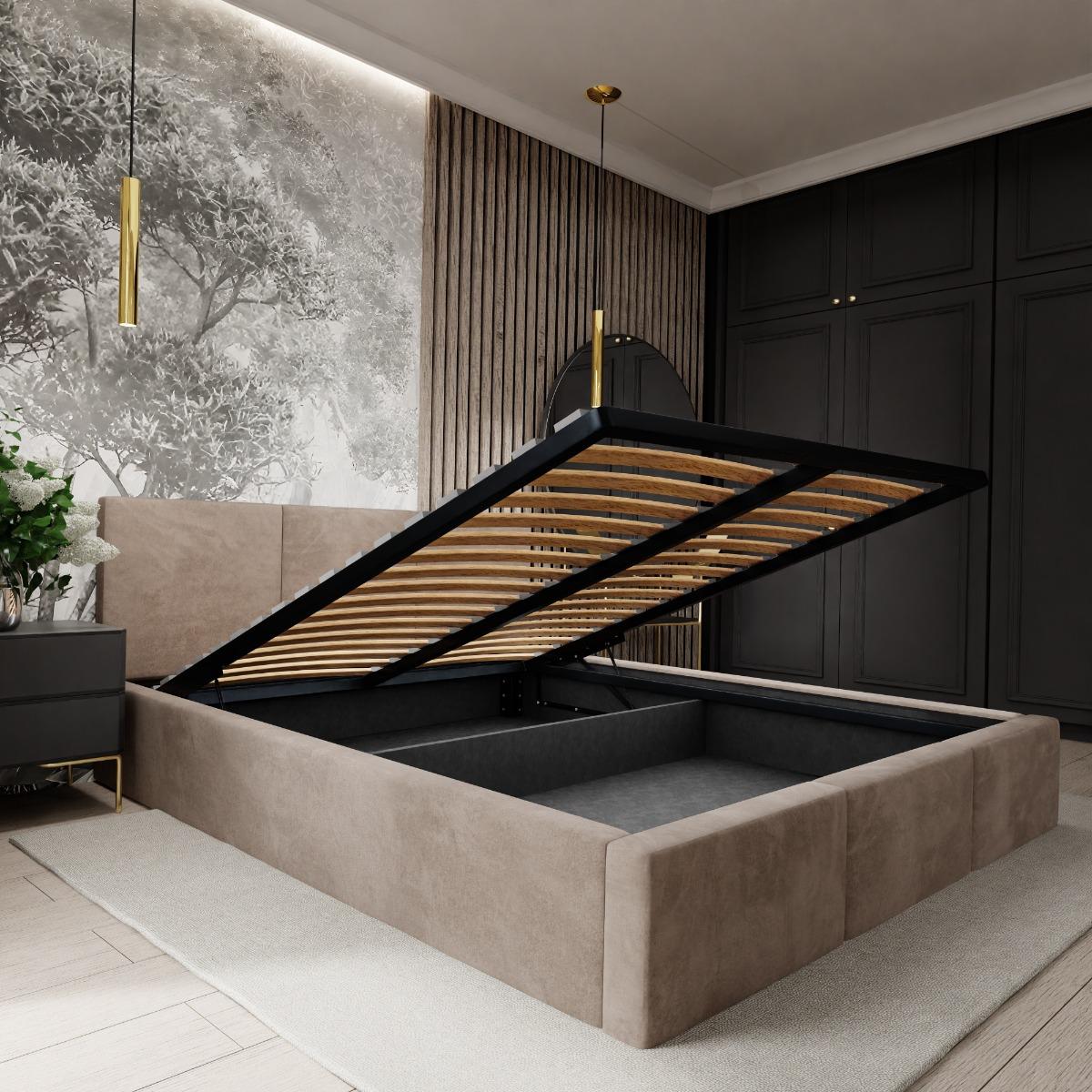 Łóżko tapicerowane 160x200x88 cm do sypialni otwierany schowek na pościel z pojemnikiem beżowe nr. 15