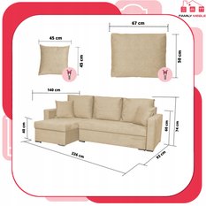 Narożnik BELLA 226x75x140 cm rozkładany funkcją spania rogówka do salonu beżowy welur - Miniaturka zdjęcia nr 8