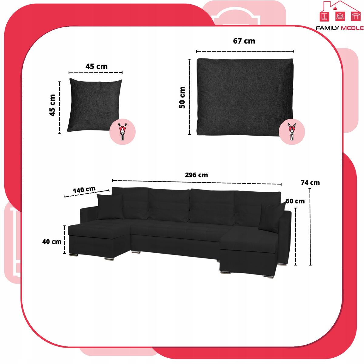 Narożnik Bella BIG 298x74x140 cm kształt U z funkcją spania i przechowywania Angel czarny nr. 8