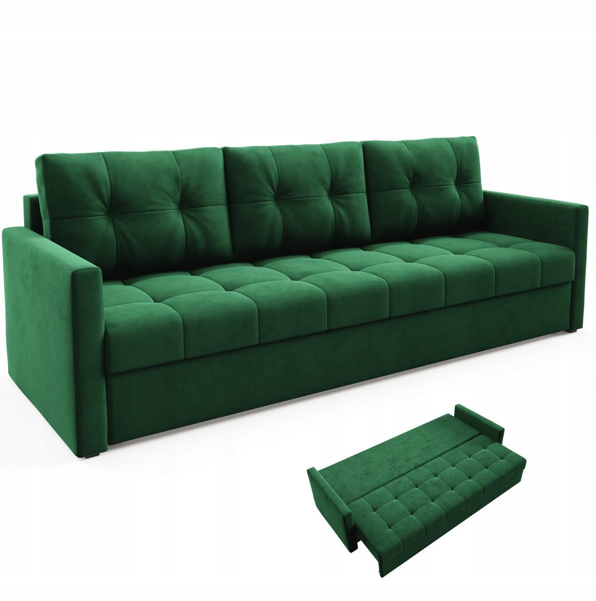 Kanapa IVIO 230x87x86 cm sofa z funkcją spania rozkładana velvet welur zielona do salonu