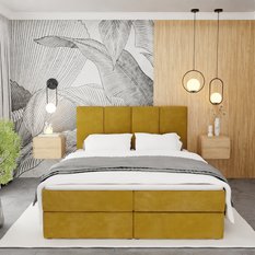 Łóżko kontynentalne 180x200x113 cm tapicerowane podwójne z materacem żółte - Miniaturka zdjęcia nr 8