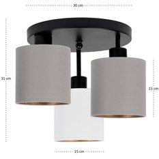 Lampa sufitowa 30x30x31 cm trzypunktowa z abażurami gwint E27 czarna z szaro-białymi abażurami do salonu - Miniaturka zdjęcia nr 4