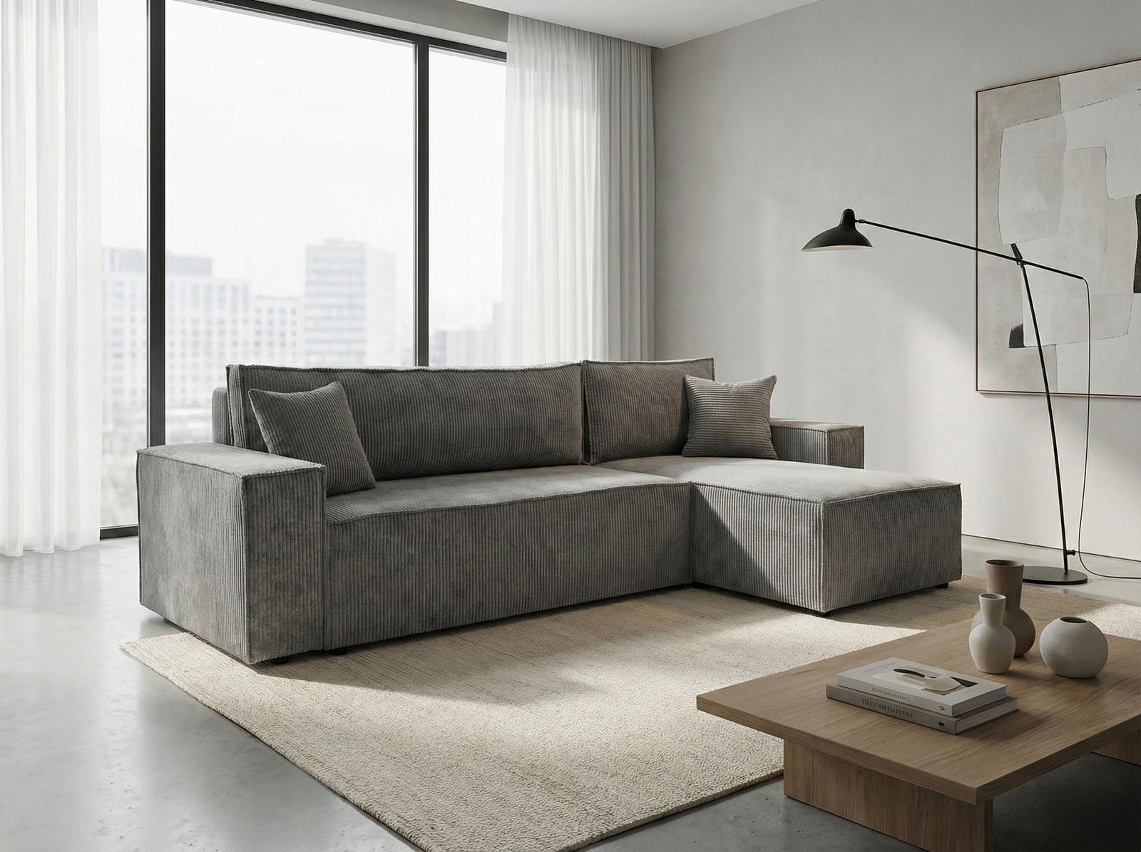 Narożnik Modena 230x52x130 cm z funkcją spania i pojemnikiem sztruks szary do salonu