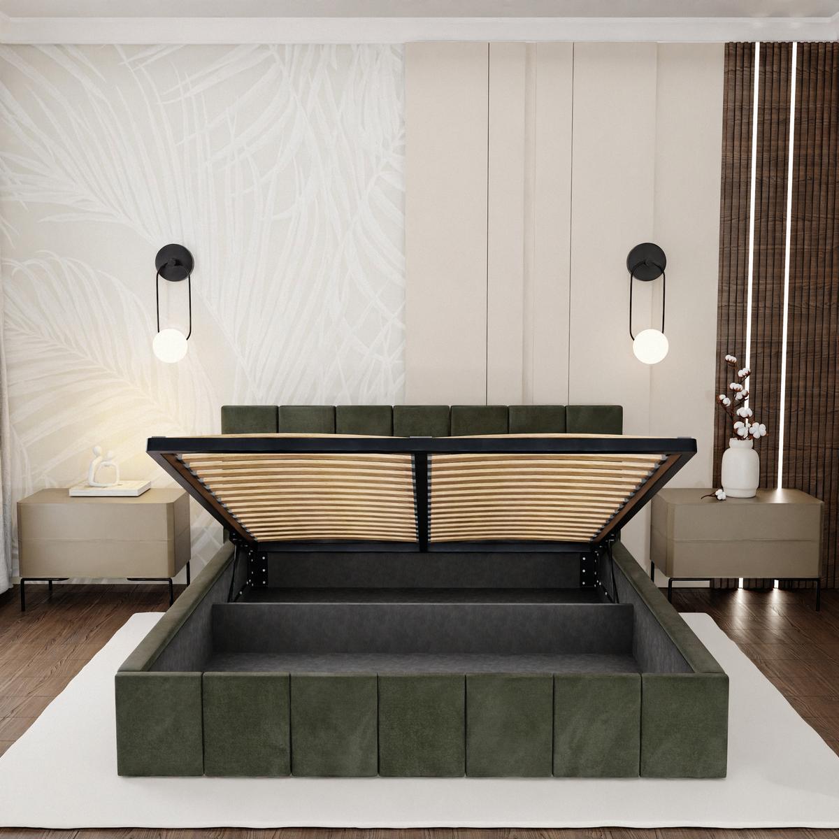 Łóżko tapicerowane 140x200 premium z pojemnikiem do sypialni khaki wezgłowie 107 cm nr. 7