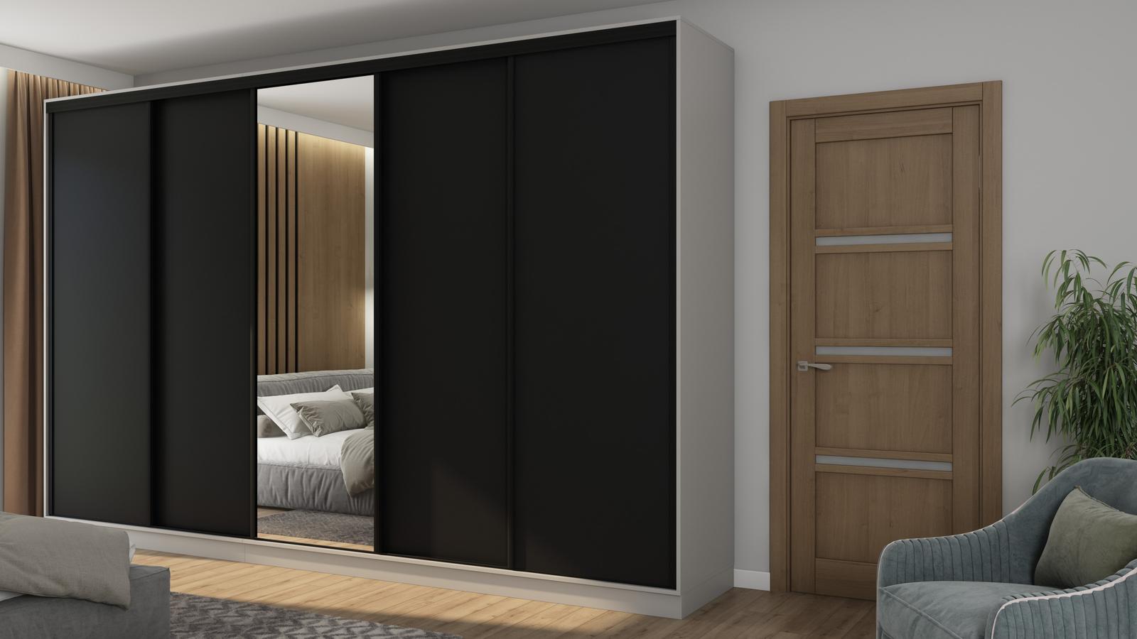 Szafa przesuwna 380x66x244 cm do sypialni okucia czarne szary platynowy czarny z 1 lustrem