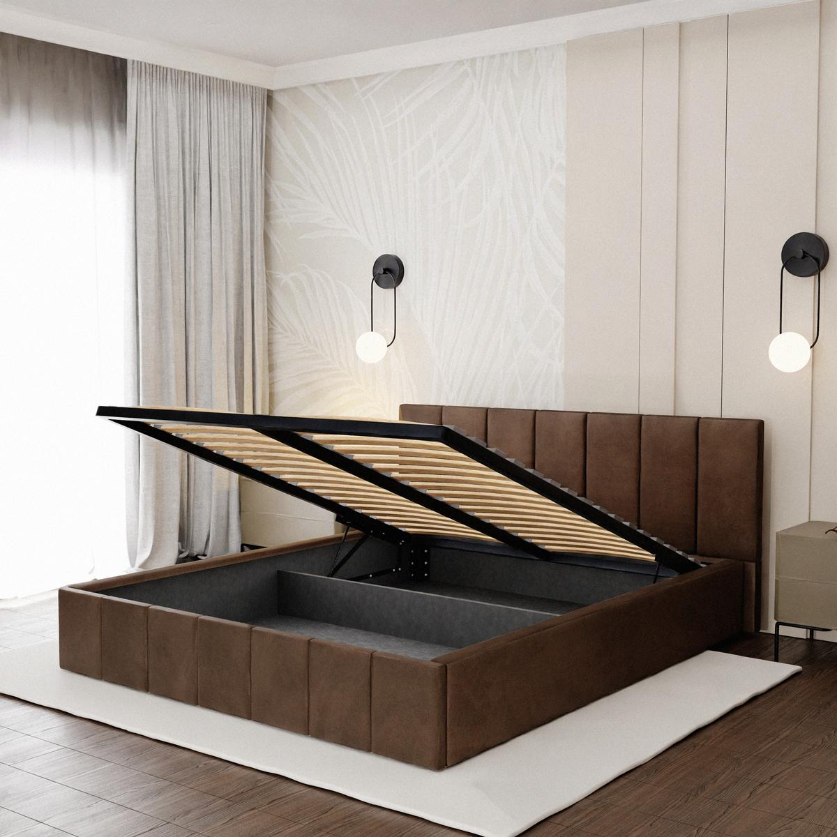 Łóżko tapicerowane 160x200 premium z pojemnikiem do sypialni brązowe wezgłowie 107 cm nr. 6