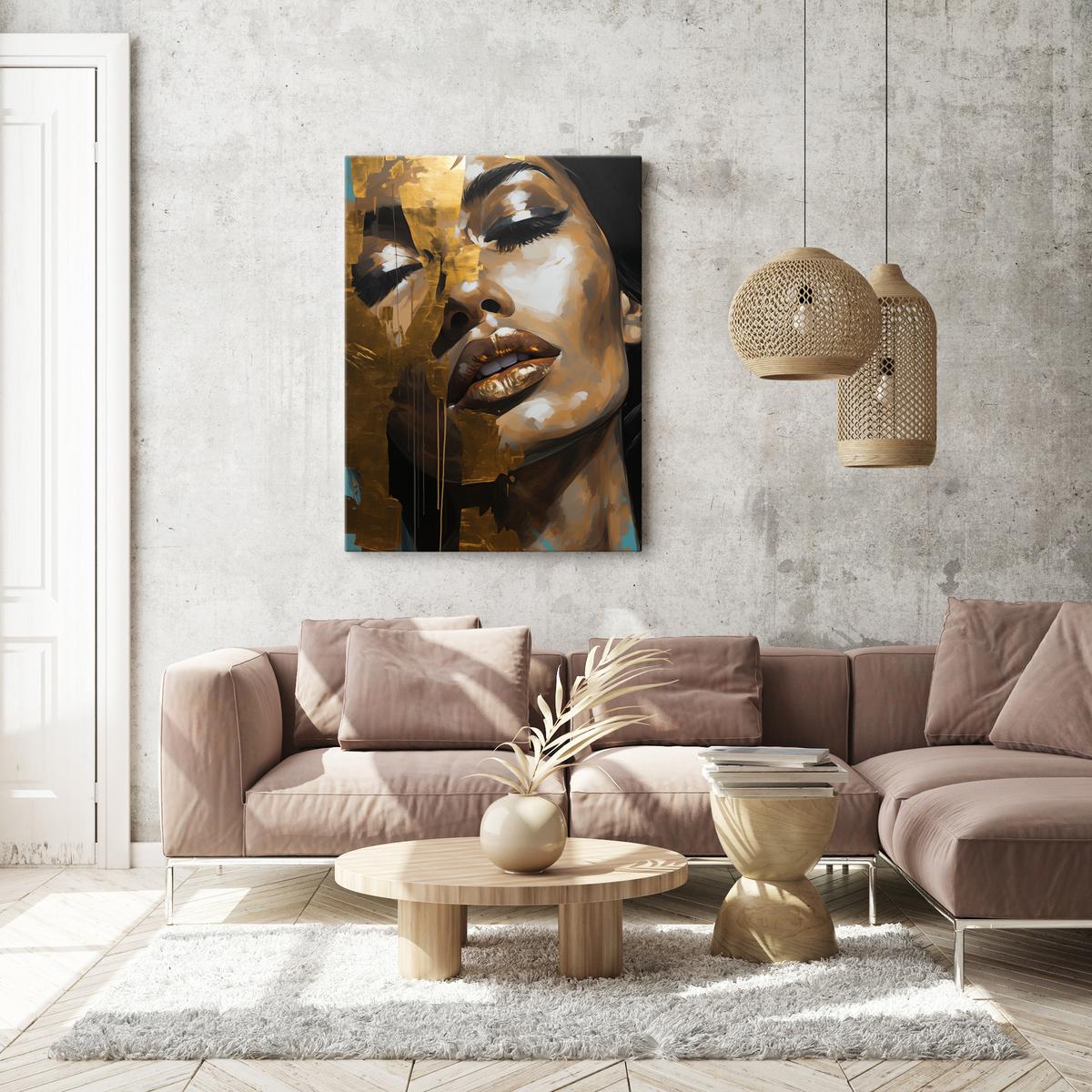 Obraz Na Ścianę Nowoczesny PORTRET Kobiety Styl Glamour Złote Usta 80x120cm nr. 6