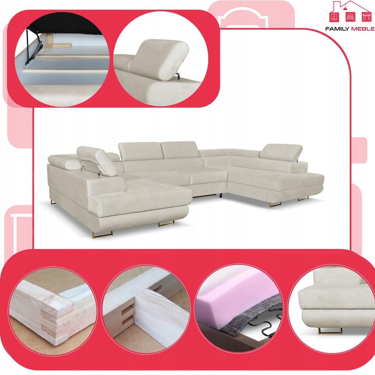 Narożnik Bosso Big 370x206x85 cm kształt U z funkcją spania welur beżowy nr. 3